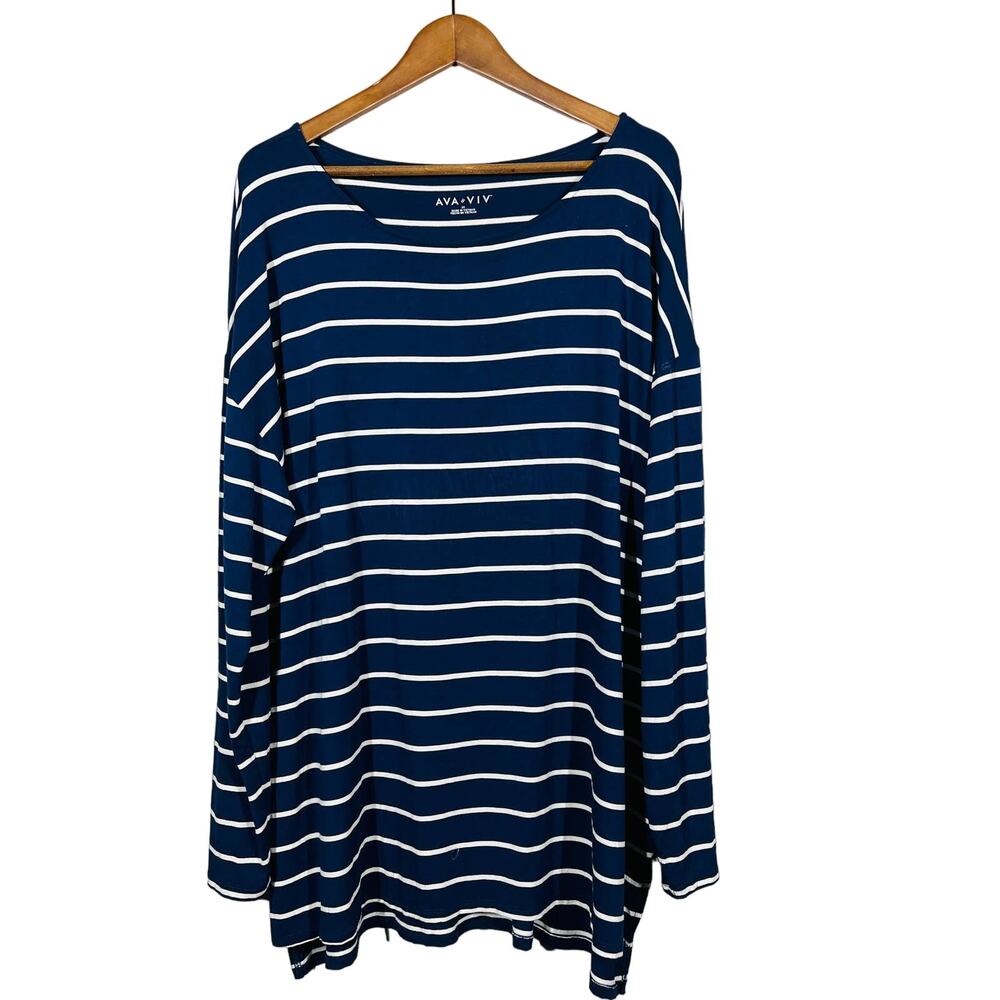 Ava & Viv Sailor Stripe Long Sleeve Tee Navy Blue White - 3X
